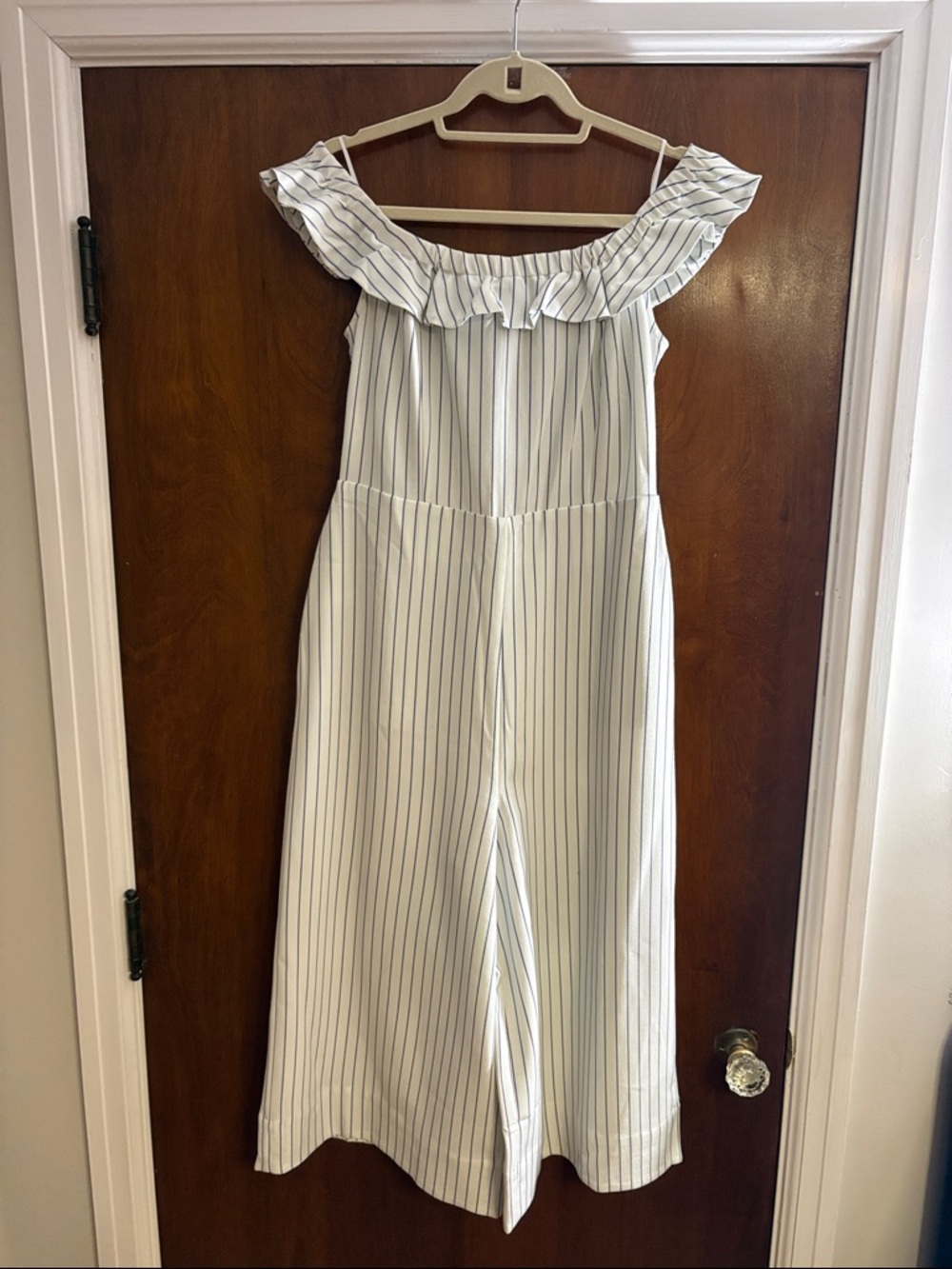 English Factory White Off-Shoulder Pinstripe Cropped Jumpsuit